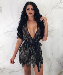 Deep V Halter Backless Sequin Short Tassel Mini Dresses