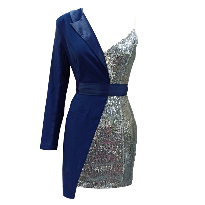 Half Sequin One Shoulder Bodycon Blazer Mini Dress