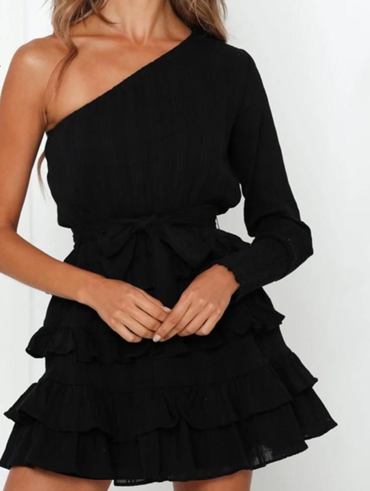 Black One Shoulder Irregular Neck Cascading Ruffles Mini Dress