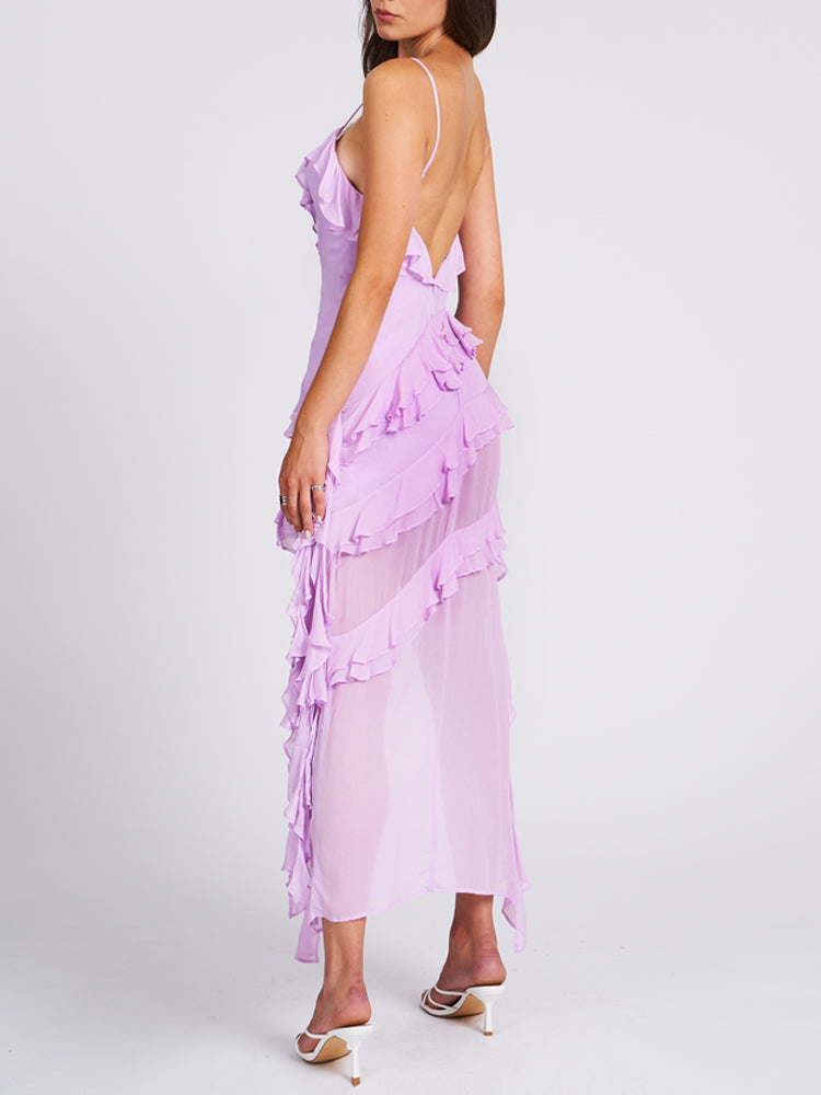 Open Back Ruffle Frill V Neck Split Maxi Dress