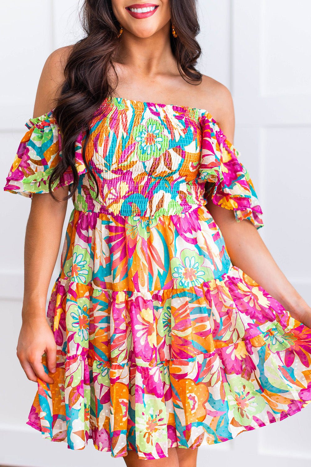 Boho Off-shoulder Smocked Floral Dress