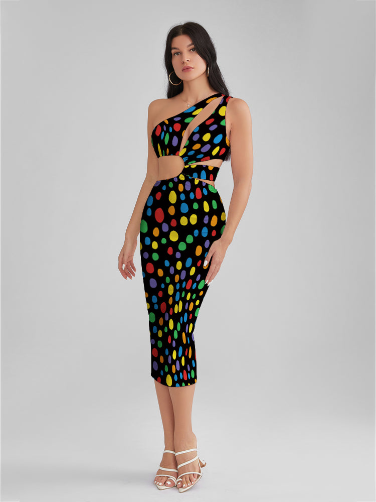 KINSLEY Painted Dots One Shoulder Cutout Midi Dress