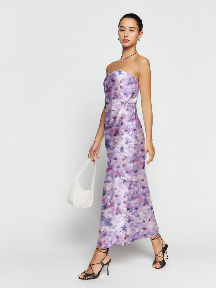 Aster Print Strapless Bandeau Neck Maxi Dress