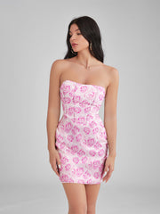 BEVERLY Pastel Rose Print Satin Strapless Corset Mini Dress