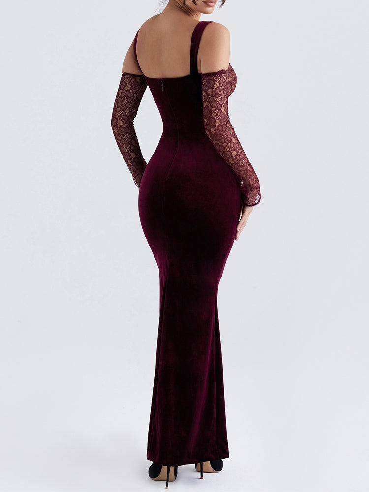 Black Cherry Velvet Lace Long Sleeve Maxi Dress