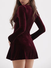 Pin Tuck V Neck Long Sleeve A-line Mini Dress