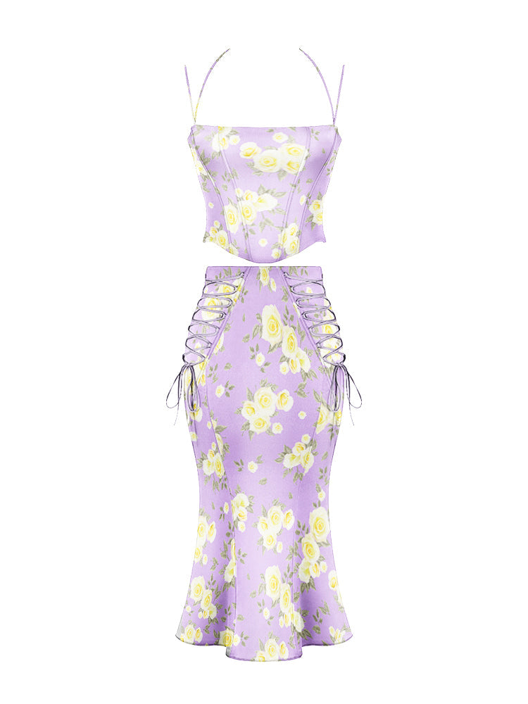 PESCARA Purple Floral Halter Two Piece Set