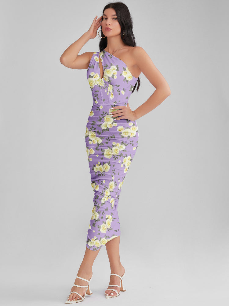 Emily In Paris Pattern Purple Floral One Shoulder Corset Midi Dress