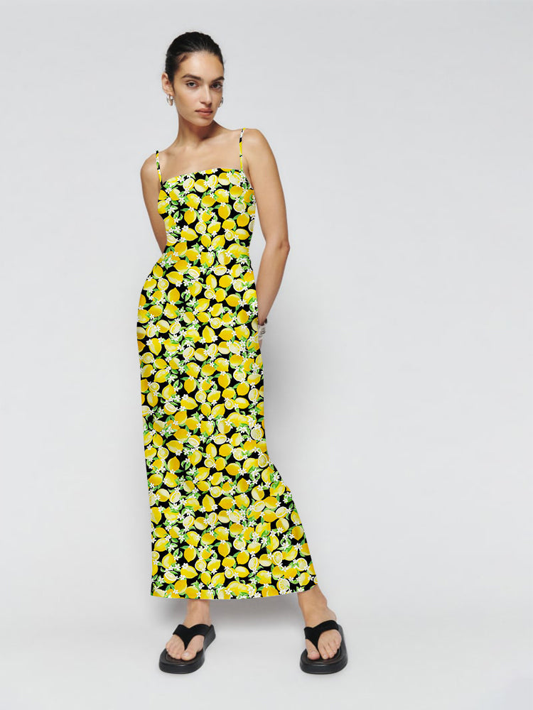 Lemon Print Smocking Back Slit Maxi Dress