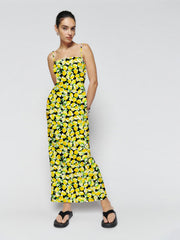 Lemon Print Smocking Back Slit Maxi Dress