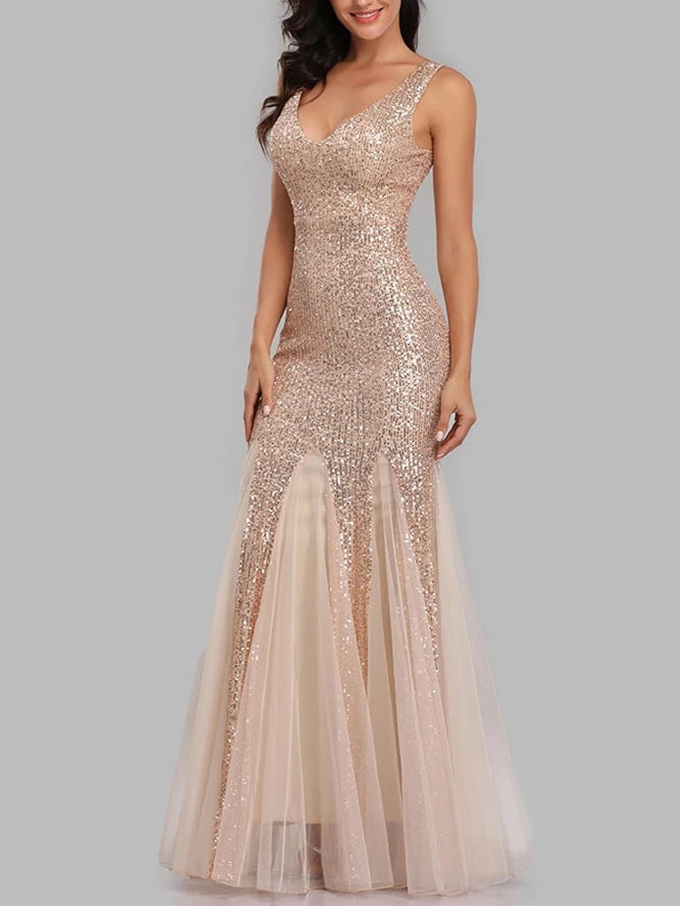 Sequin Tulle V-Neck Mermaid Floor Length Prom Dresses