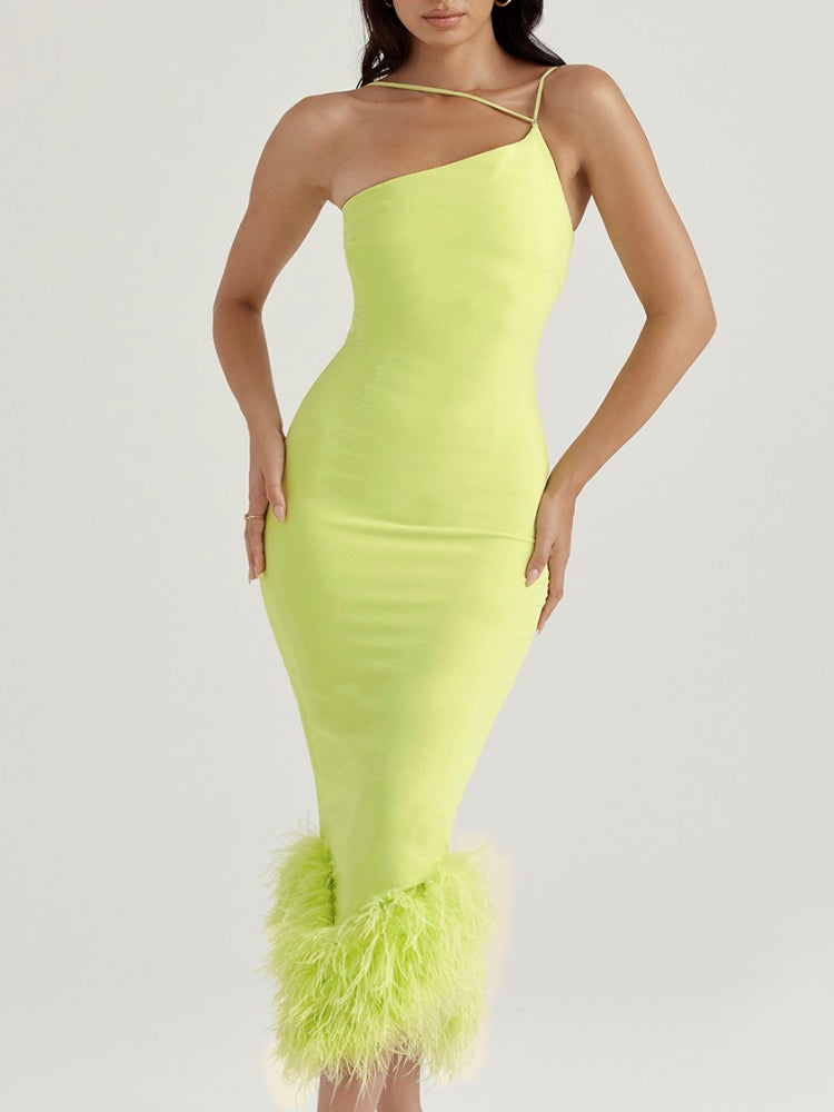 Asymmetric Neckline Feather Trim Midi Dress