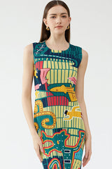 Artistic Print Crew Neck Sleeveless Pleated Bodycon Midi Dress - Green