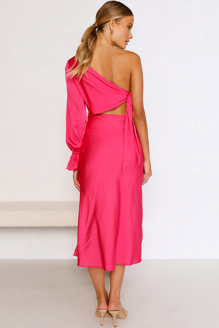 Asymmetric Tie Side Cutout Long Sleeve Split Midi Dress - Rose