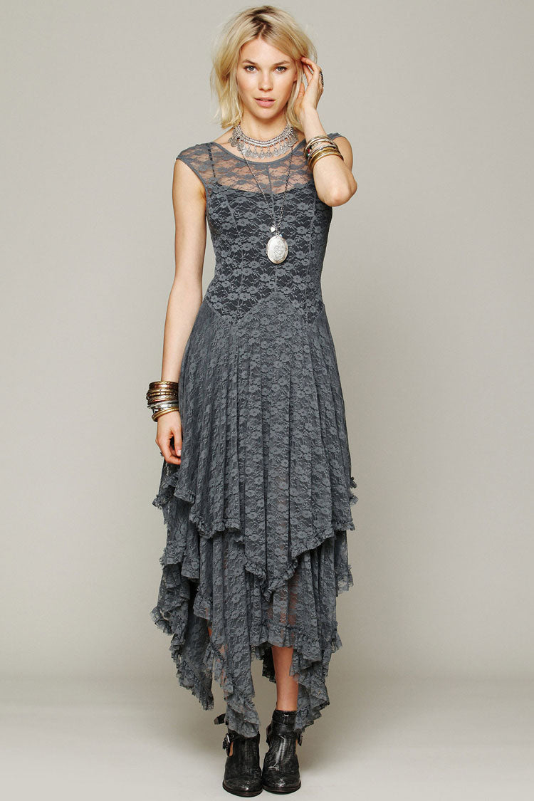 Asymmetric Tiered Ruffle Sleeveless Maxi Lace Dress - Gray