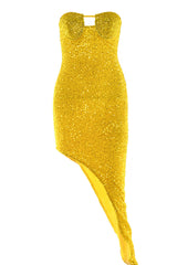 Asymmetrical Bustier Strapless Embellished Sequin Midi Dress - Yellow