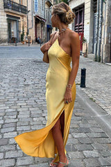 Asymmetrical One Shoulder Backless Satin Sleeveless Midi Dress - Muted Yellow