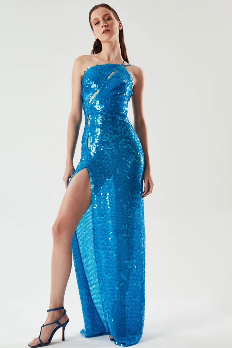 Asymmetrical One Shoulder Cutout High Split Sequin Evening Maxi Dress - Blue