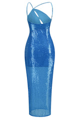 Asymmetrical One Shoulder Cutout High Split Sequin Evening Maxi Dress - Blue