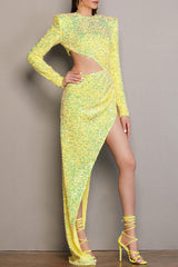 Asymmetrical Split Side Cutout Long Sleeve Velvet Sequin Dress - Yellow