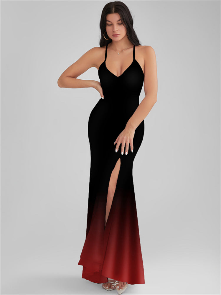 CATALINA Black Gradient Print Backless Plunge Maxi Dress