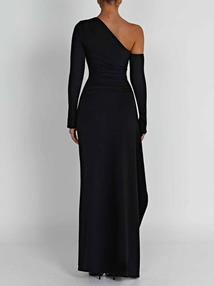 Asymmetric One Shoulder High Slit Drape Maxi Dress