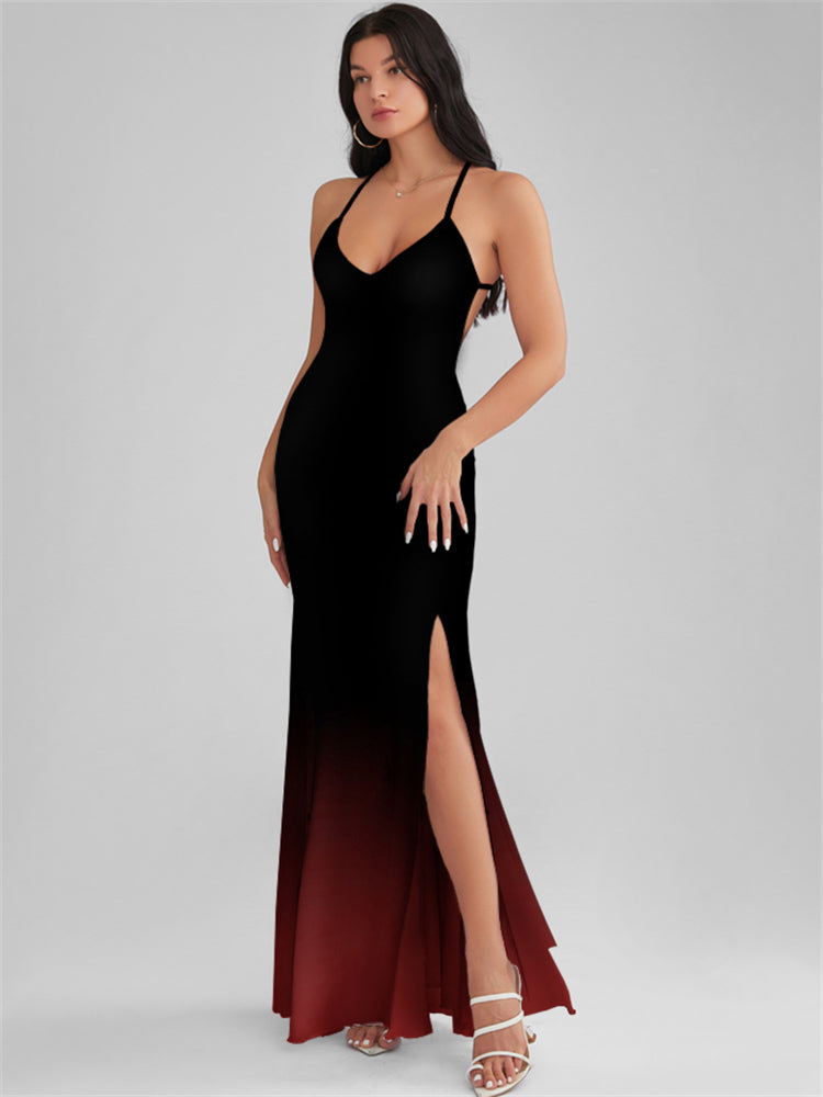 CATALINA Black Gradient Print Backless Plunge Maxi Dress