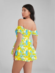 GLENDALE Green Tie Dye Satin Ruffle Strapless Mini Dress