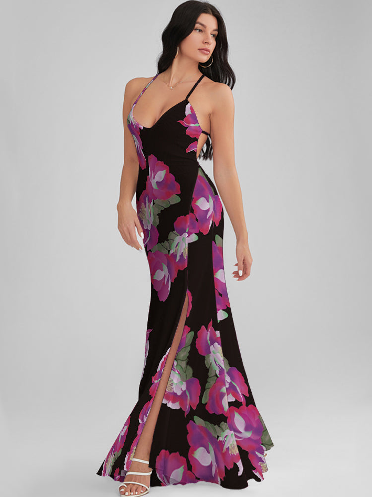 CATALINA Paeonia Print Backless Plunge Maxi Dress