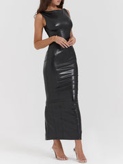 Black Leather High Neck Bodycon Maxi dress