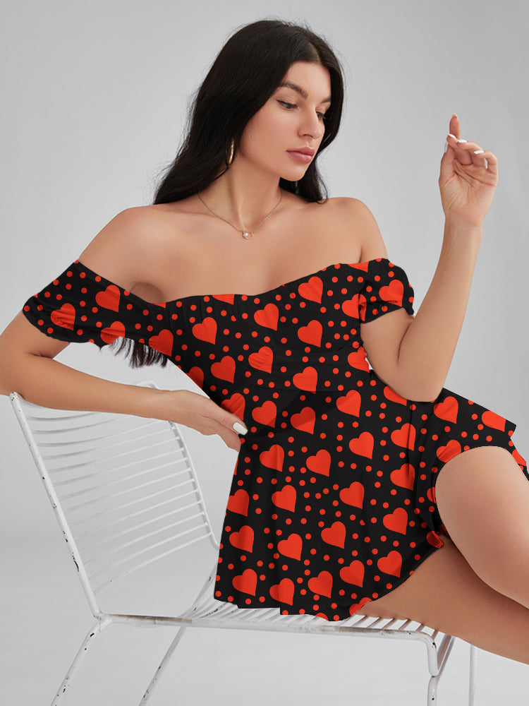 GLENDALE Heart Polka Dots Satin Ruffle Strapless Mini Dress