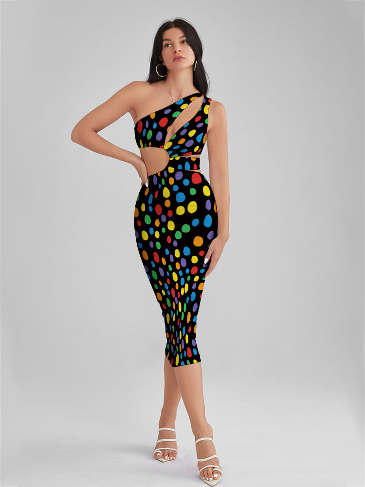 KINSLEY Painted Dots One Shoulder Cutout Midi Dress