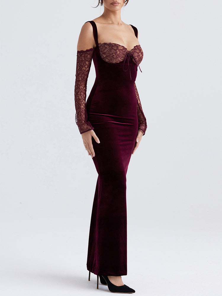 Black Cherry Velvet Lace Long Sleeve Maxi Dress