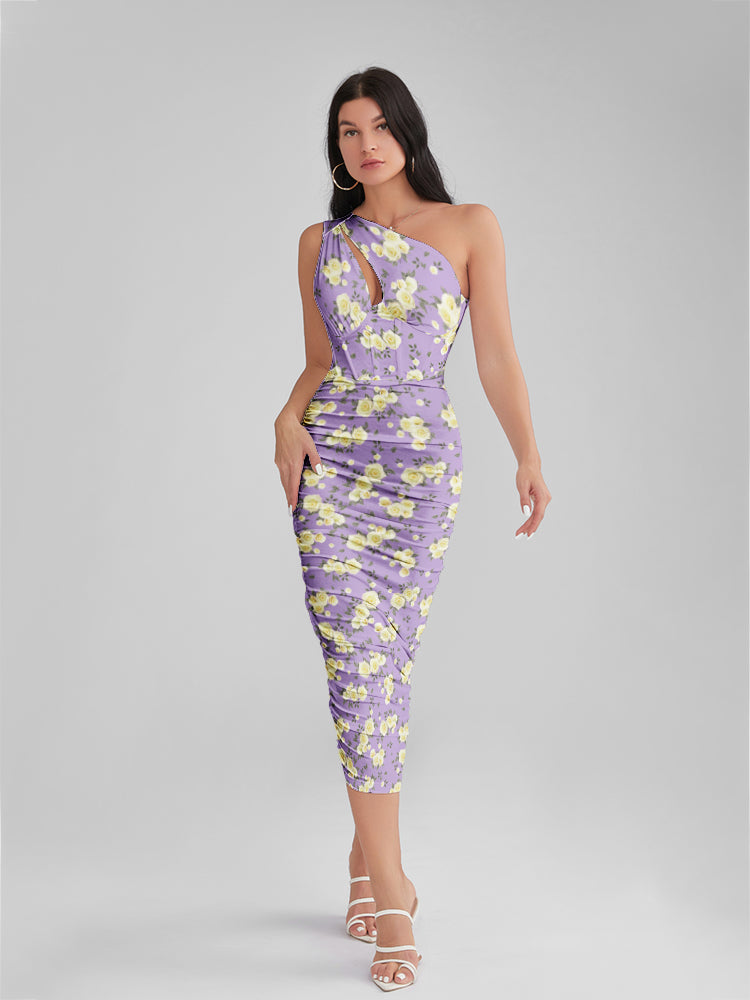 Emily In Paris Pattern Purple Floral One Shoulder Corset Midi Dress