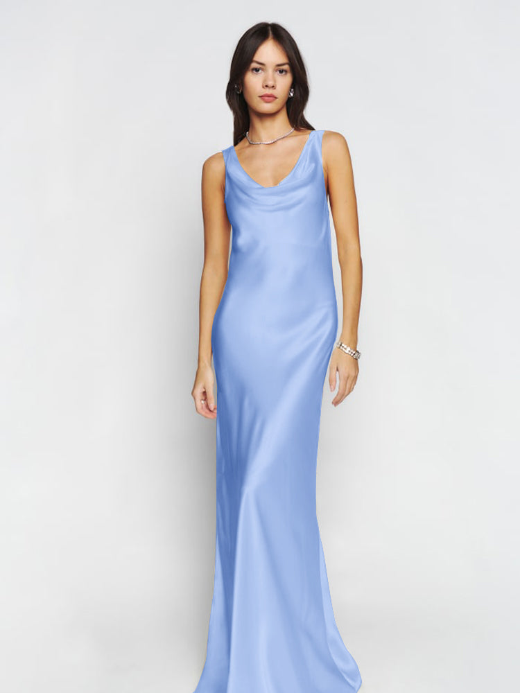 Scooped Cowl Neck Sleeveless Silk Dress