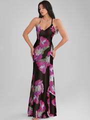 CATALINA Paeonia Print Backless Plunge Maxi Dress