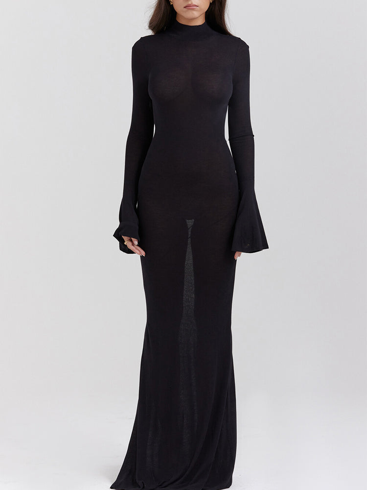 Black Knit Fluted Sleeves Backless Sheer Maxi Dress