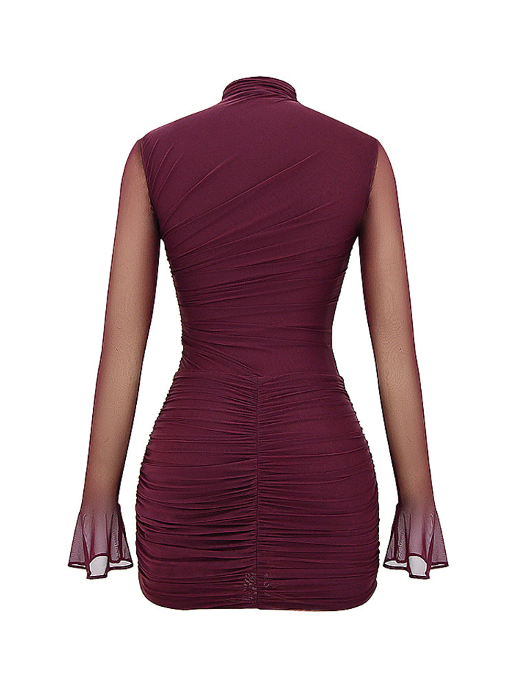 Mesh High Mock Neck Bodycon Ruched Mini Dress