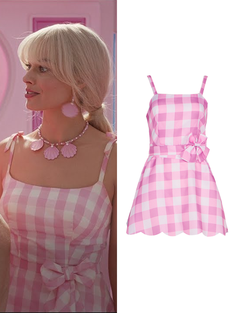 Barbie Pink Plaid Printed Bow Tie Mini Dress