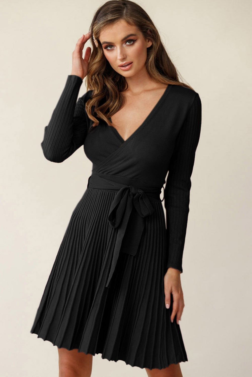 Black Belted V Neck Ribbed Pleated Sweater Dress