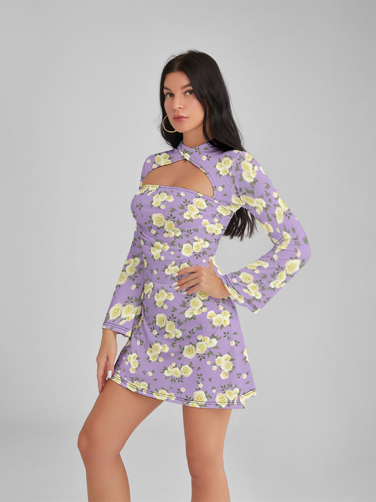 Emily In Paris Pattern Purple Floral Crew Neck Cutout Mini Dress