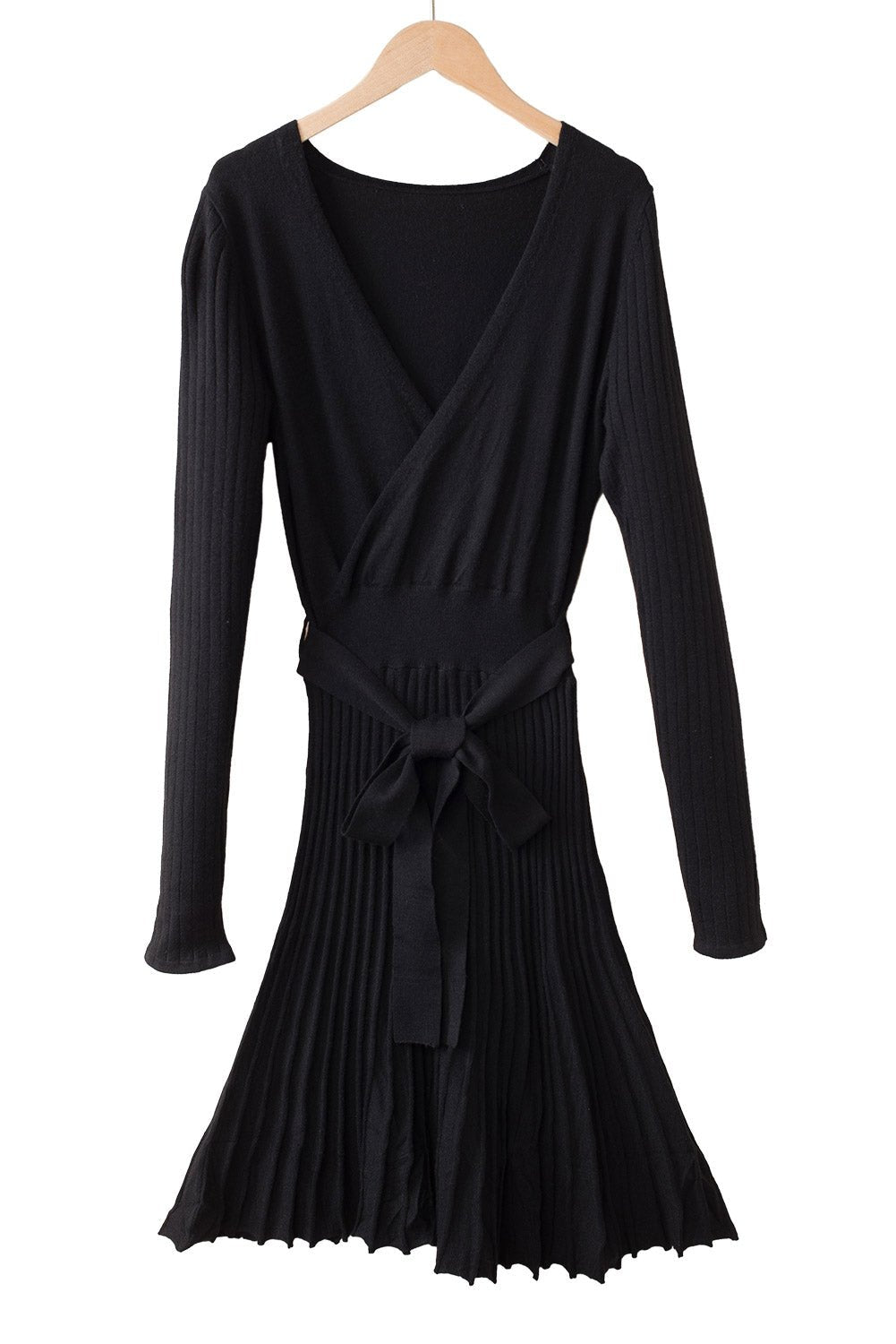 Black Belted V Neck Ribbed Pleated Sweater Dress