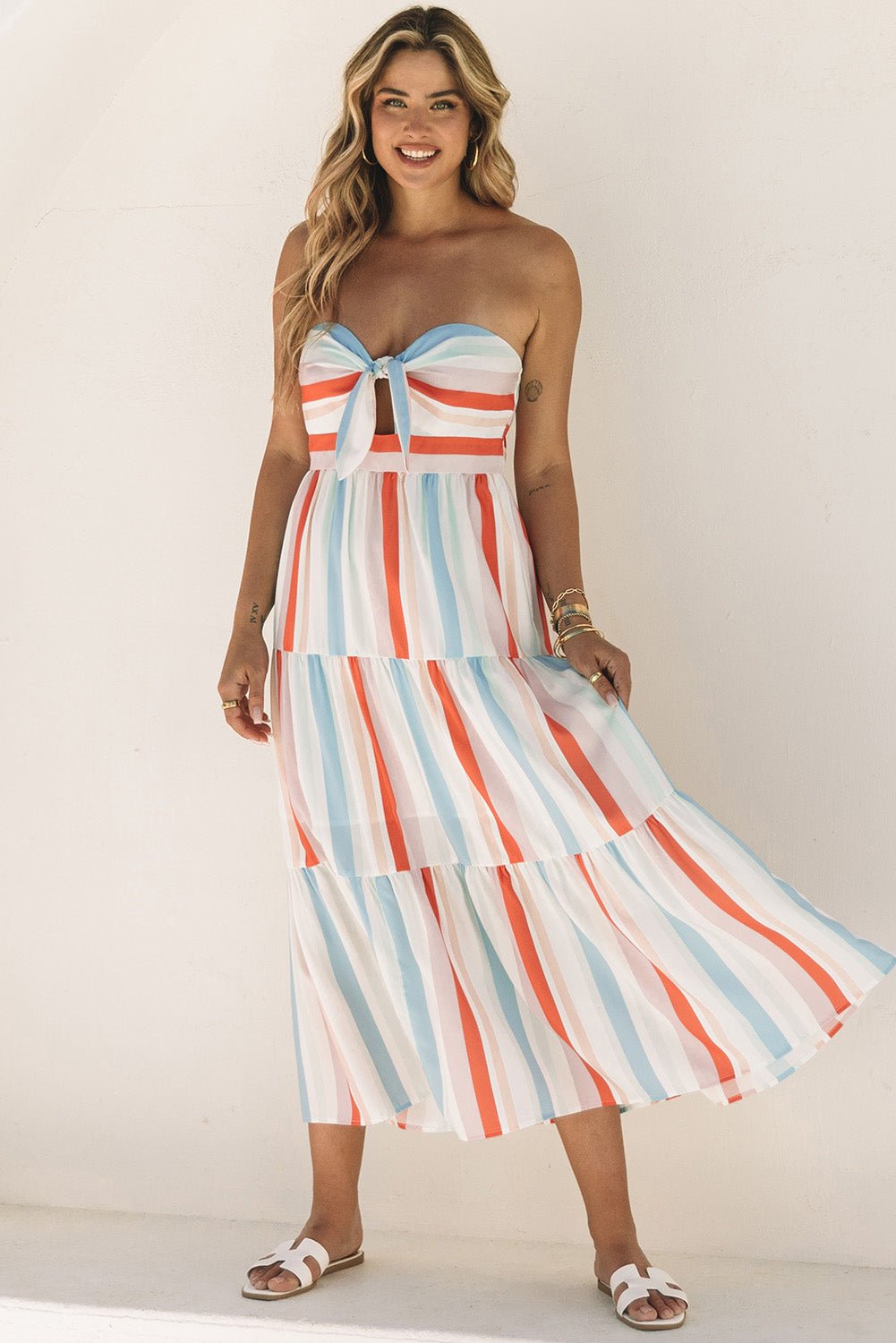 Multicolor Striped Tie Decor Strapless Tiered Maxi Dress