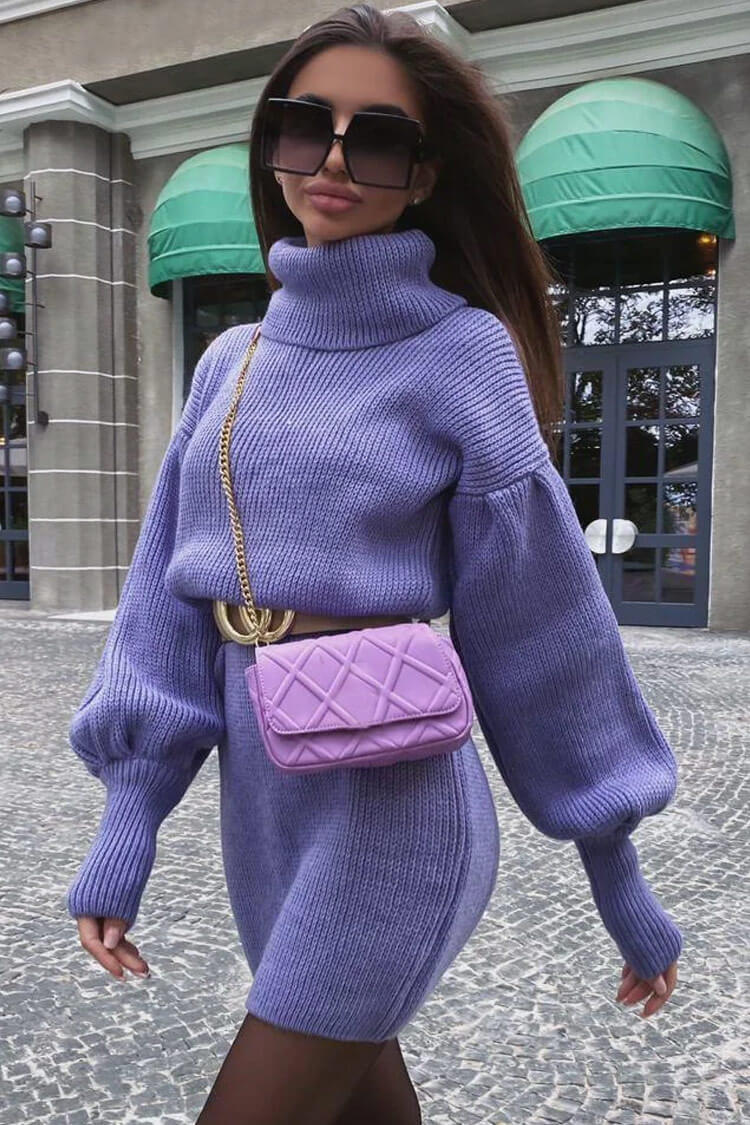 Bishop Sleeve Turtleneck Winter Sweater Midi Dress - Purple