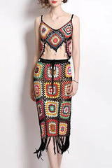 Boho Chic Fringe Granny Square Crochet Knit Two Piece Midi Dress - Black