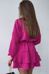 Boho Chic Long Sleeve Cotton Blend Layered Ruffle Mini Dress - Rose