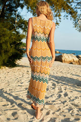 Boho Striped Semi Sheer Crochet Knit Beach Vacation Midi Sundress - Orange