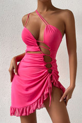 Bold Strappy One Shoulder Lace Up Cutout Ruffle Micro Mini Cube Dress - Hot Pink