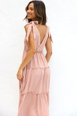 Breezy Deep V Tie Strap Tiered Babydoll Midi Summer Sundress -Dusty Pink