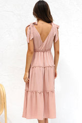 Breezy Deep V Tie Strap Tiered Babydoll Midi Summer Sundress -Dusty Pink